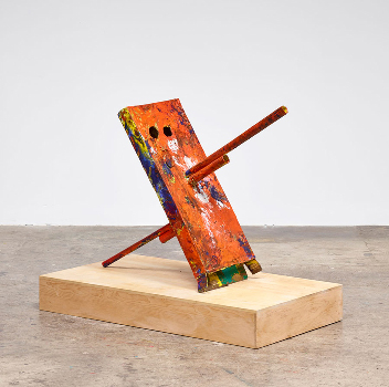 MARK GROTJAHN Untitled (Scraped and Left Orange Cannon, Mask 25.E), 2013 Painted bronze 44 x 28 1/2 x 59 inches (111.8 x 149.9 cm)